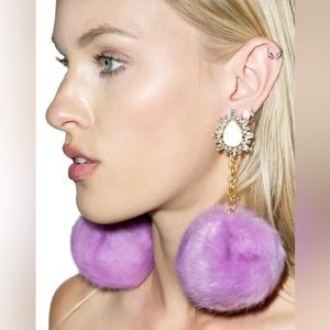 NEW Dolls Kill Purple Earrings Fluffy Pom Gold Glam Vintage Lavender statement